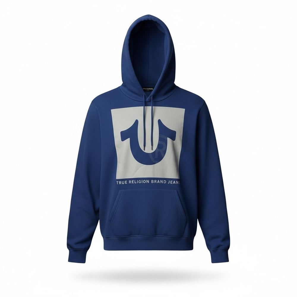 NWT True Religion Pullover Hoodie Men’s Size‎ Large Blue Registered Rhinestones